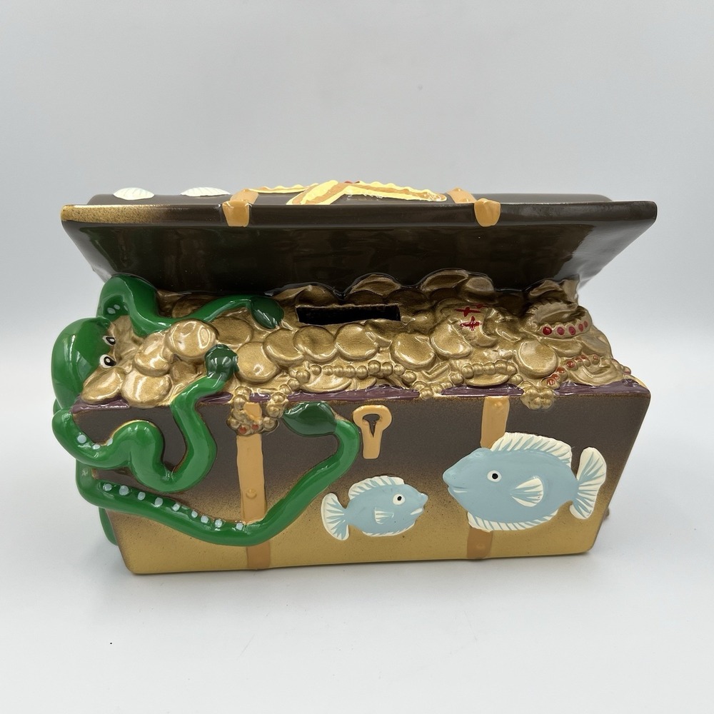 Pirate's Treasure Chest Coin Piggy Bank Handpainted Ceramic Kraken Skull Gold